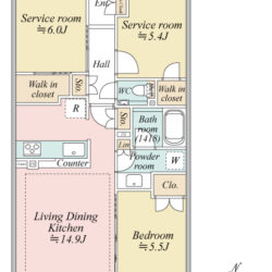 南向き３LDKで広々としたカウンターキッチンと豊富な収納量が魅力。アウトフレームで家具の配置もしやすい設計。間取
