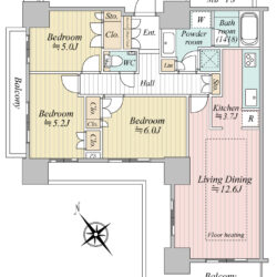 3LDK(LD12.6帖＋K3.7帖＋洋室6.0帖＋洋室5.2帖＋洋室5.0帖)南西・北東角住戸間取