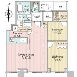 2LDK（LD17.2帖+K3.4帖+洋室6.5帖+洋室4.5帖）間取