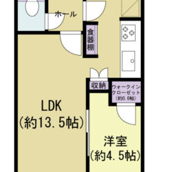 44.31㎡の1LDK、廊下が短く無駄のない間取りです間取