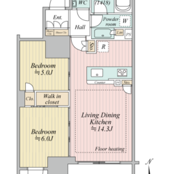 5階、南向き、2LDK、56.82㎡間取