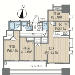2SLDK（LD14.2帖+K3.1帖+洋室6.3帖+洋室4.6帖+書斎3.9帖）間取