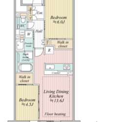 東向き2LDKで広々としたカウンターキッチンとバスルームが魅力。アウトフレームで家具の配置もしやすい設計。間取
