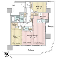 30階・北東×北西向き角住戸・2LDK・72.08㎡間取