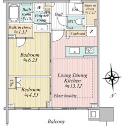 北向き　55.34㎡の2ＬＤＫタイプ間取