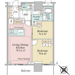 １４階・南西向き・２ＬＤＫ・５８．０２㎡間取