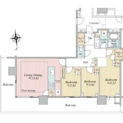 44階北東角部屋、晴海運河・新豊洲方向を望む眺望です間取